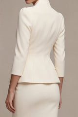Ivory 2 Piece Single Breasted Bodycon Midi Work Dress with 3/4 Sleeves