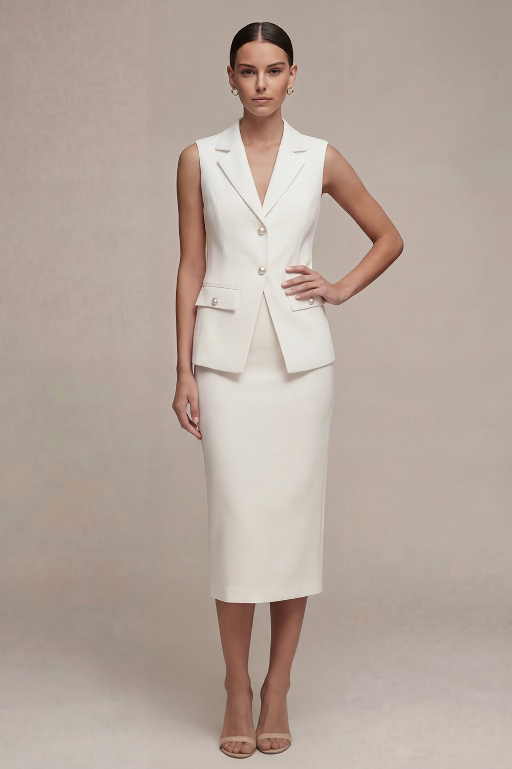 White Pearled Notched Lapel 2 Piece Bodycon Work Dress with Slit