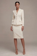 Ivory 2 Piece Notched Lapel Bodycon Midi Work Dress