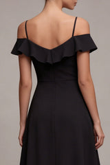 Cold Shoulder Black Ruffled A Line High Low Midi Dress