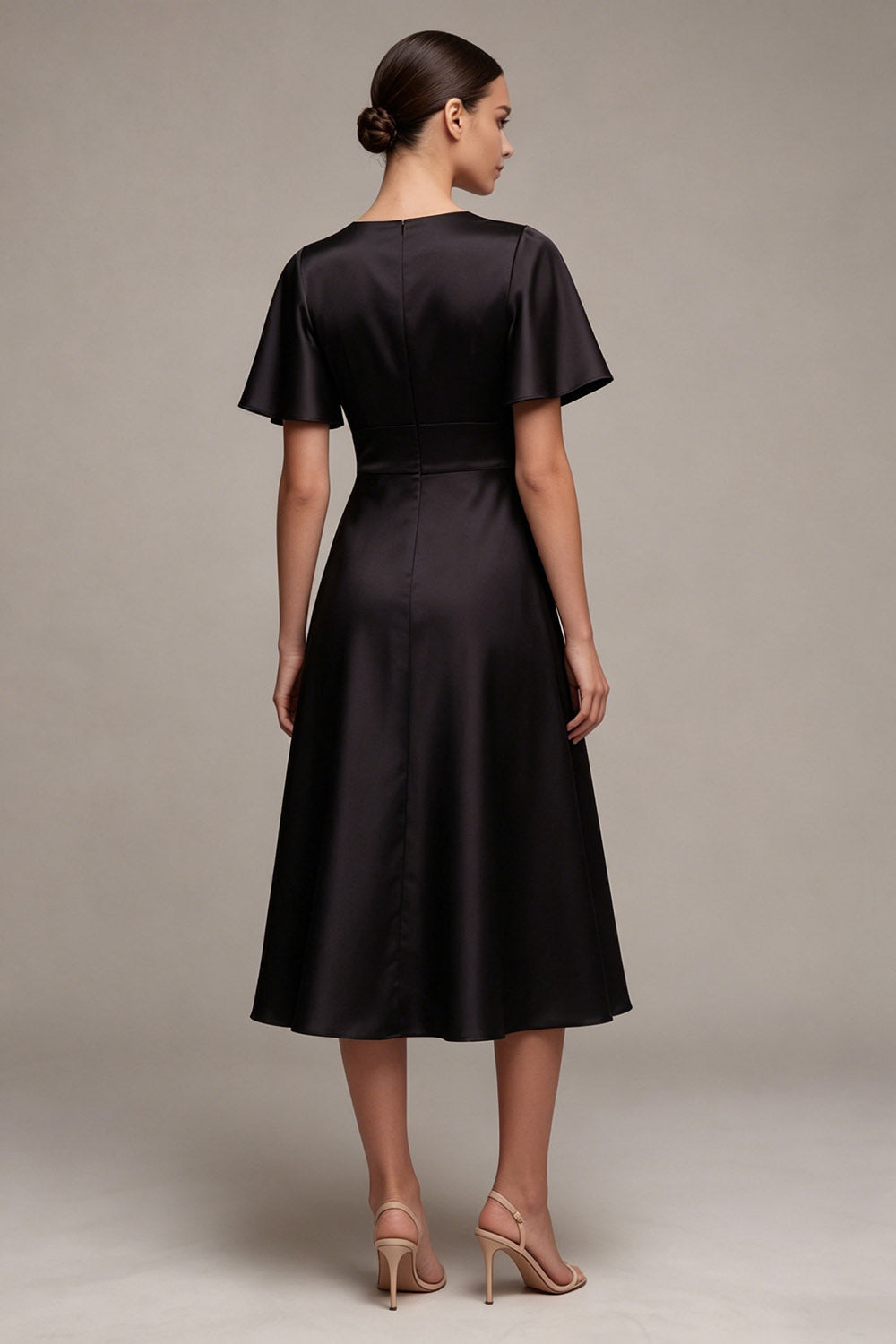 Black A Line Satin Short Sleeve Midi Dress