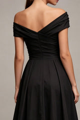 Off the Shoulder Ruched Black A Line Pleated Satin Midi Formal Dress