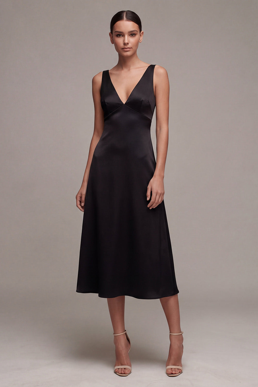 Black Satin A Line V Neck Midi Formal Dress