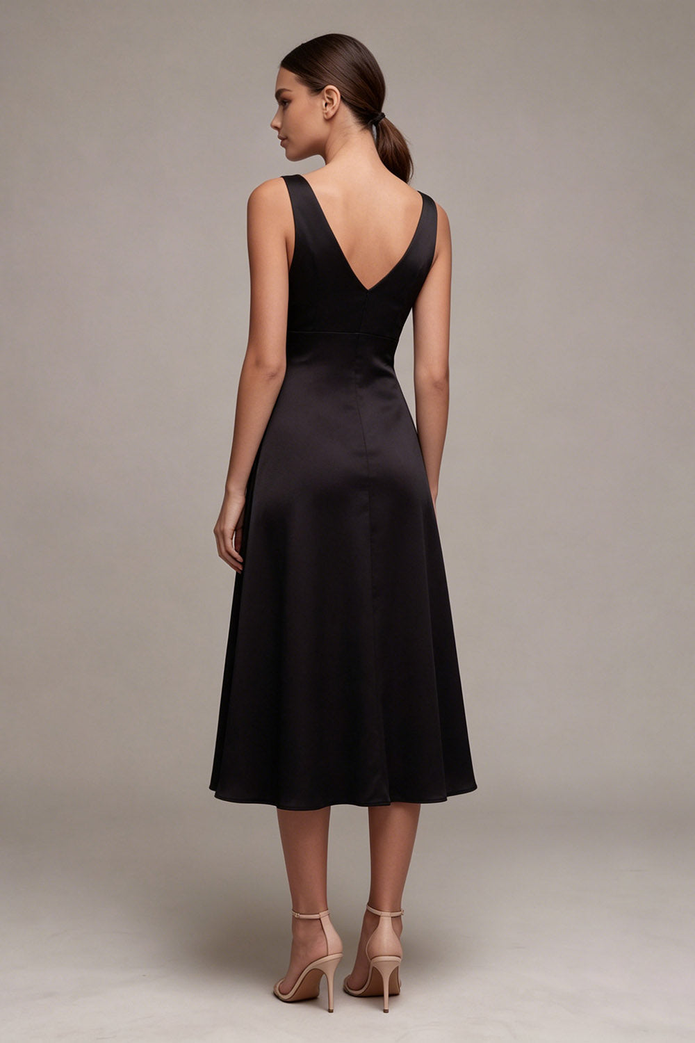 Black Satin A Line V Neck Midi Formal Dress