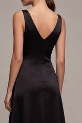 Black Satin A Line V Neck Midi Formal Dress