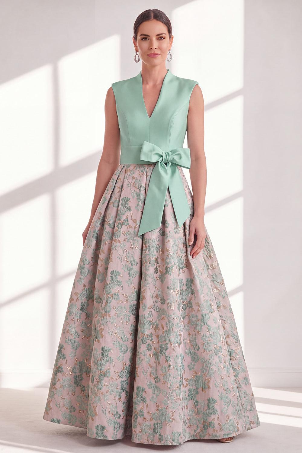Blue Floral A Line Pleated Maxi Mother of the Bride Dress with Bow
