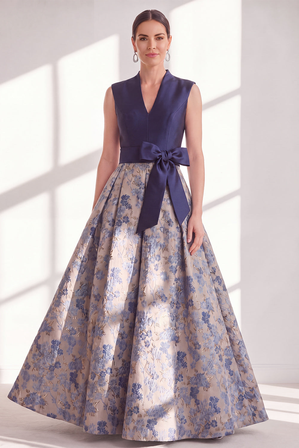 Blue Floral A Line Pleated Maxi Mother of the Bride Dress with Bow