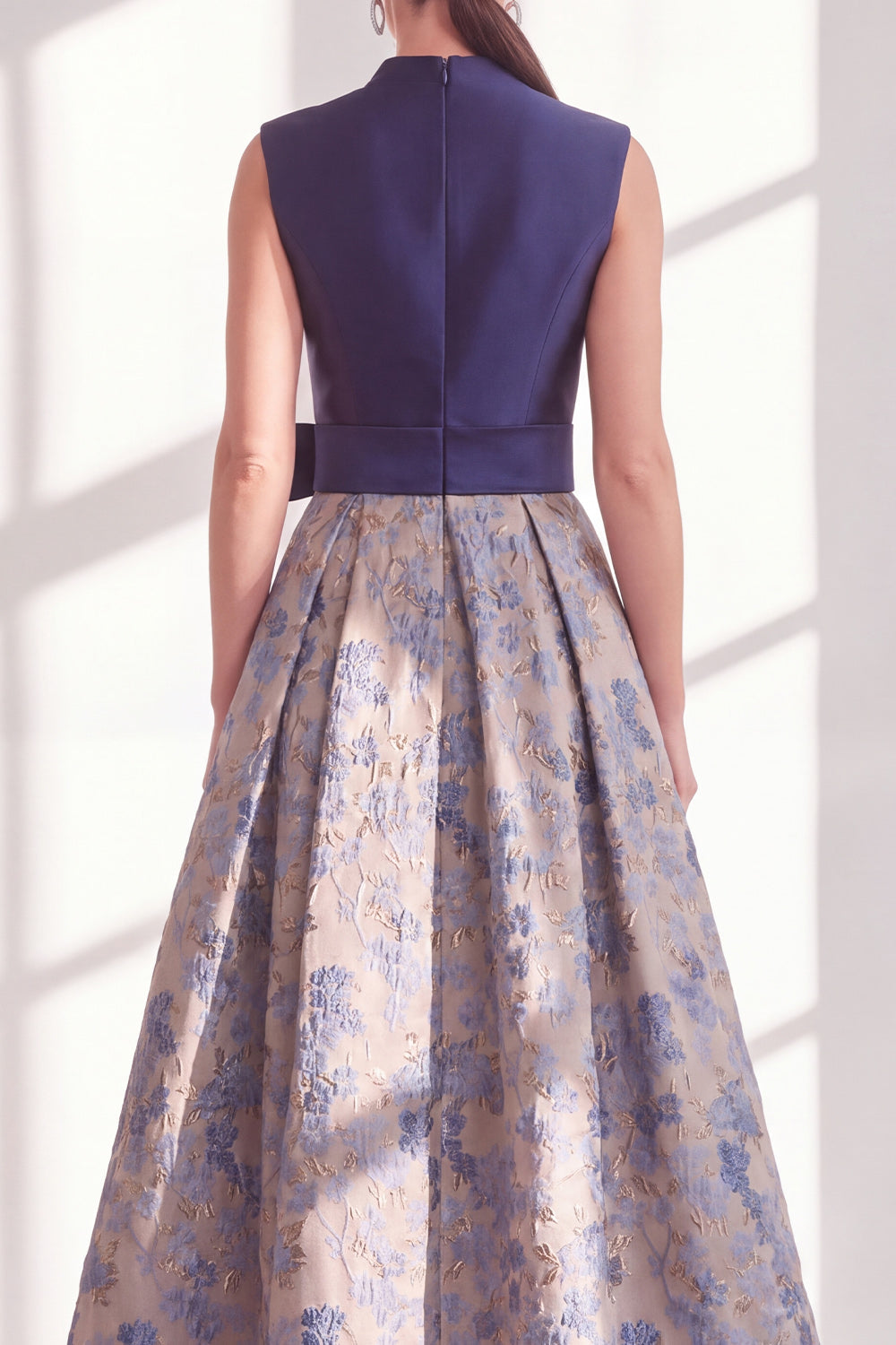 Blue Floral A Line Pleated Maxi Mother of the Bride Dress with Bow