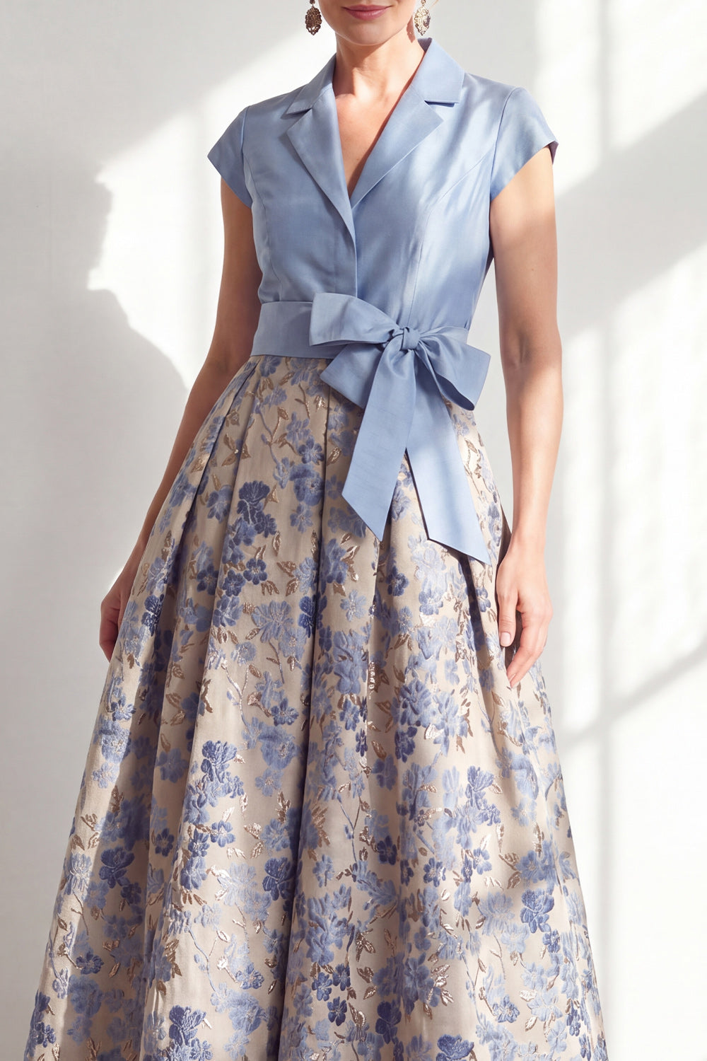 Navy Floral Notched Lapel A Line Mother of the Bride Dress with Bow