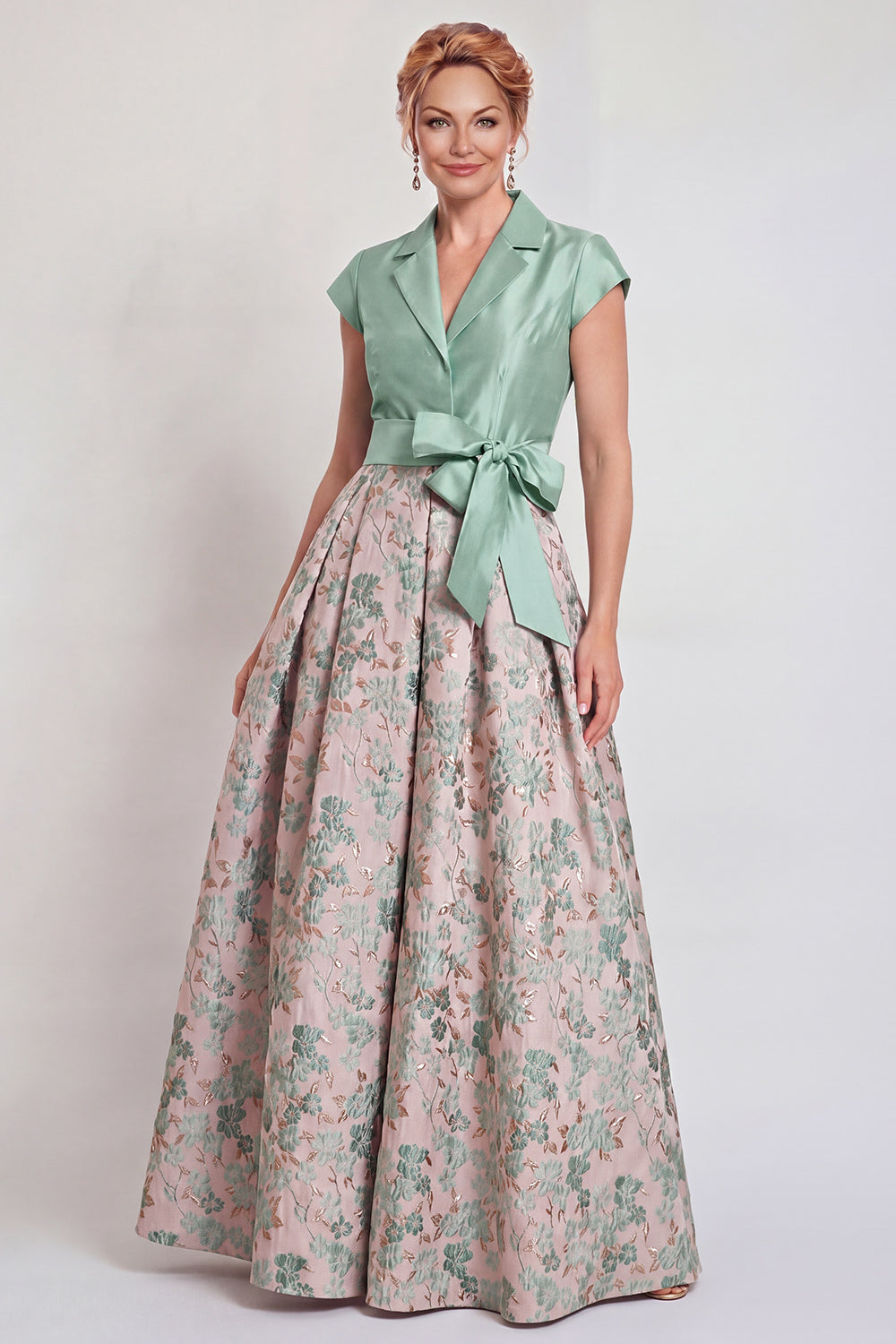 Navy Floral Notched Lapel A Line Mother of the Bride Dress with Bow