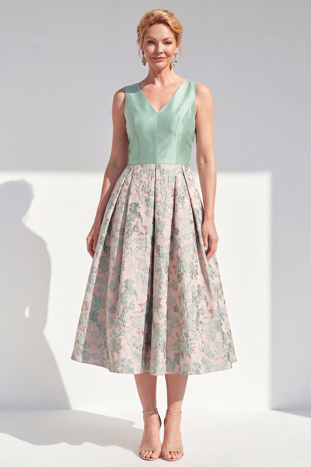 Jacquard Navy Floral A Line Pleated Mother of the Bride Dress