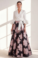 Pink Floral A Line Ruffled Maxi Mother of the Bride Dress with Sash