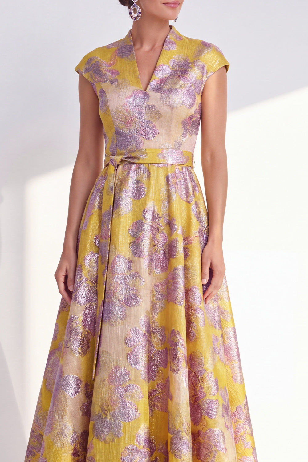 Floral Yellow A Line Maxi Mother of the Bride Dress with Sash