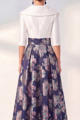 Jacquard Navy Floral Notched Lapel A Line Maxi Mother of the Bride Dress
