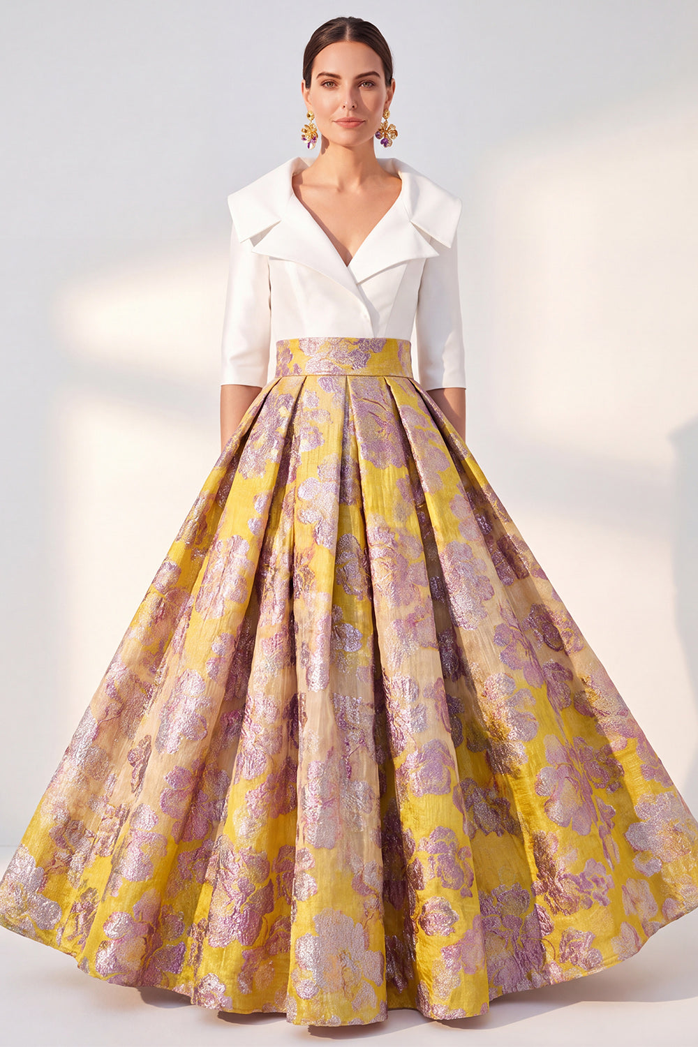 Jacquard Navy Floral Notched Lapel A Line Maxi Mother of the Bride Dress