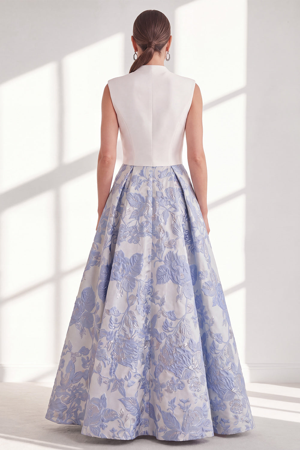 Blue A Line Floral Mother of the Bride Dress with Bow