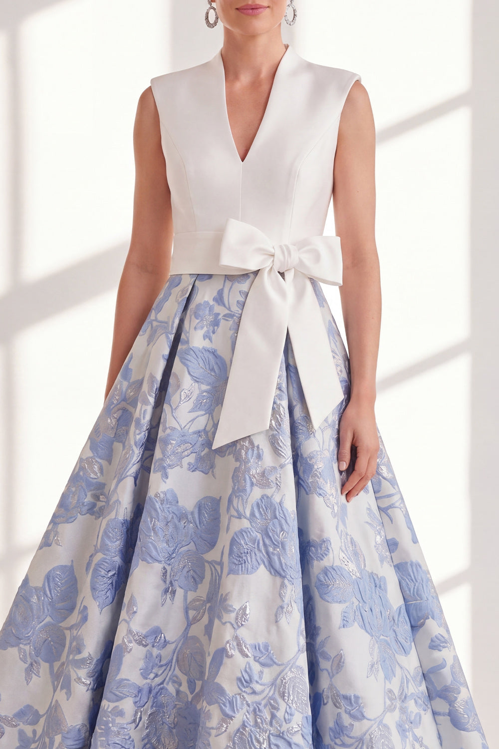 Blue A Line Floral Mother of the Bride Dress with Bow