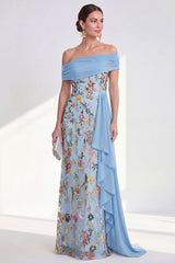 Off the Shoulder Floral Embroidered Blue Maxi Mother of the Bride Dress