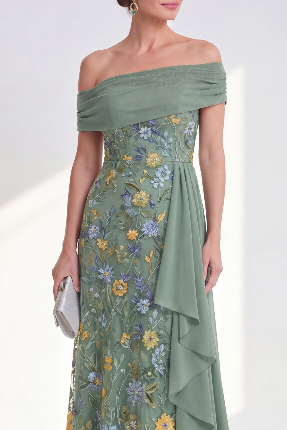 Off the Shoulder Floral Embroidered Blue Maxi Mother of the Bride Dress