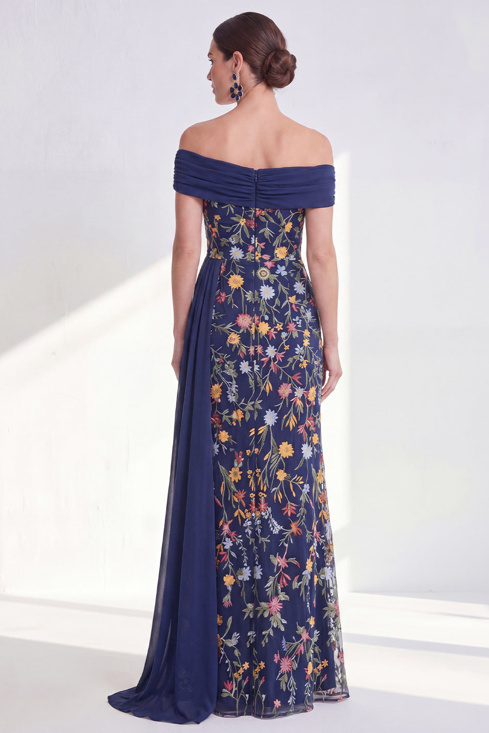 Off the Shoulder Floral Embroidered Blue Maxi Mother of the Bride Dress