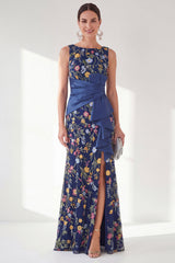 Navy Floral Embroidered Mermaid Ruched Mother of the Bride Dress