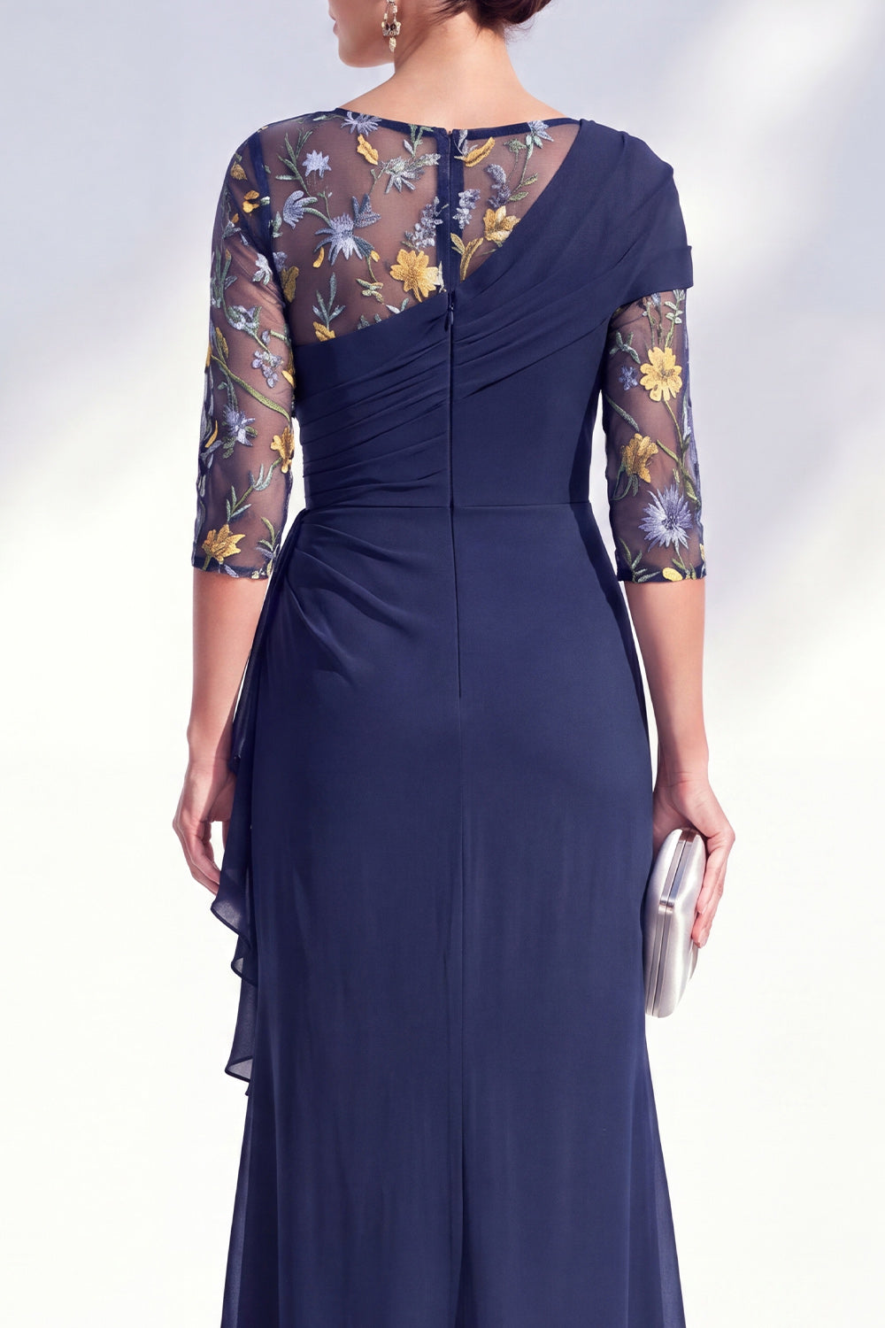 Mermaid Ruched Embroidered Blue Maxi Mother of the Bride Dress