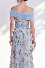 Off the Shoulder Ruched Embroidered Blue A Line Mother of the Bride Dress
