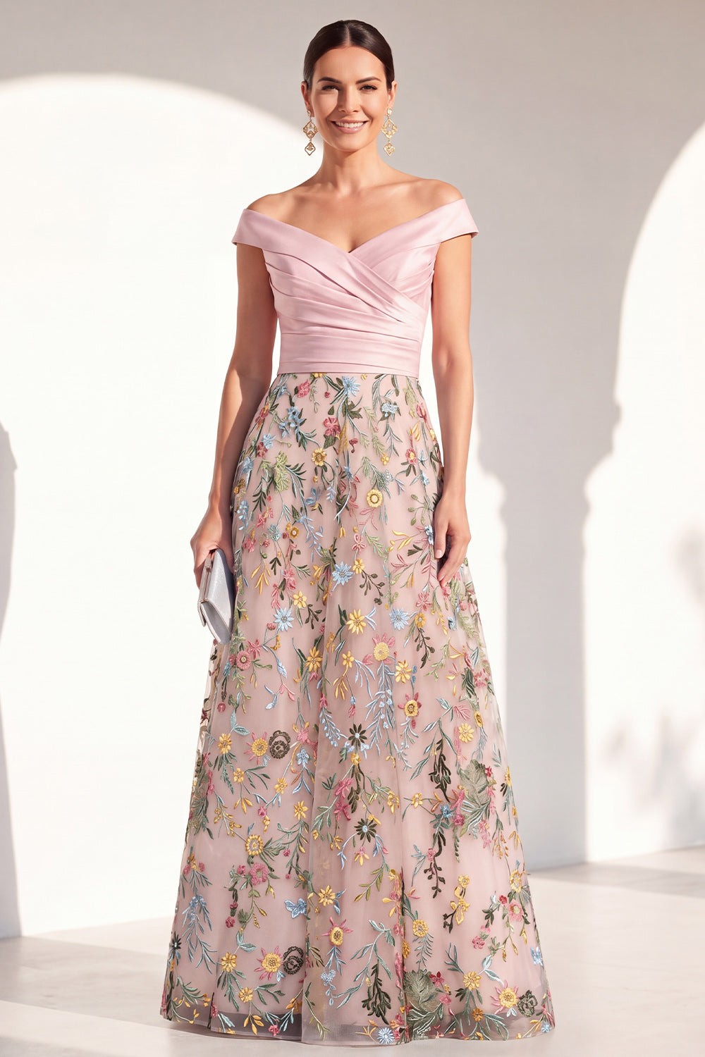 Off the Shoulder Ruched Floral Blush A Line Mother of the Bride Dress