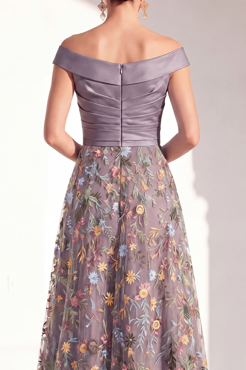 Off the Shoulder Ruched Floral Blush A Line Mother of the Bride Dress