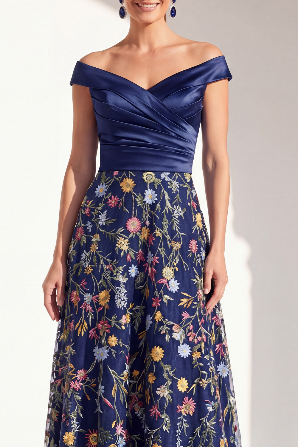 Off the Shoulder Ruched Floral Blush A Line Mother of the Bride Dress