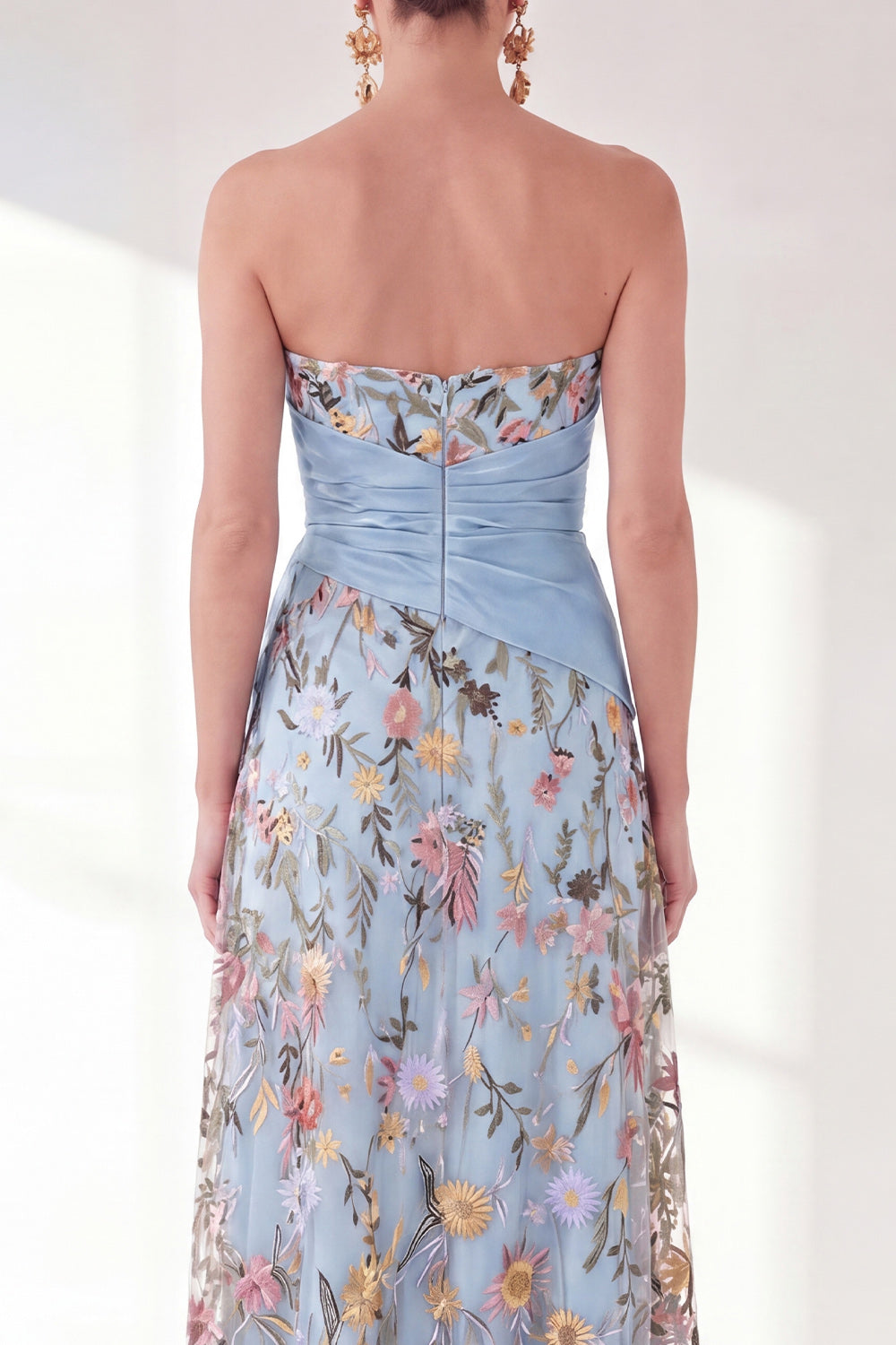 Strapless Blue Floral A Line Ruffled Maxi Mother of the Bride Dress
