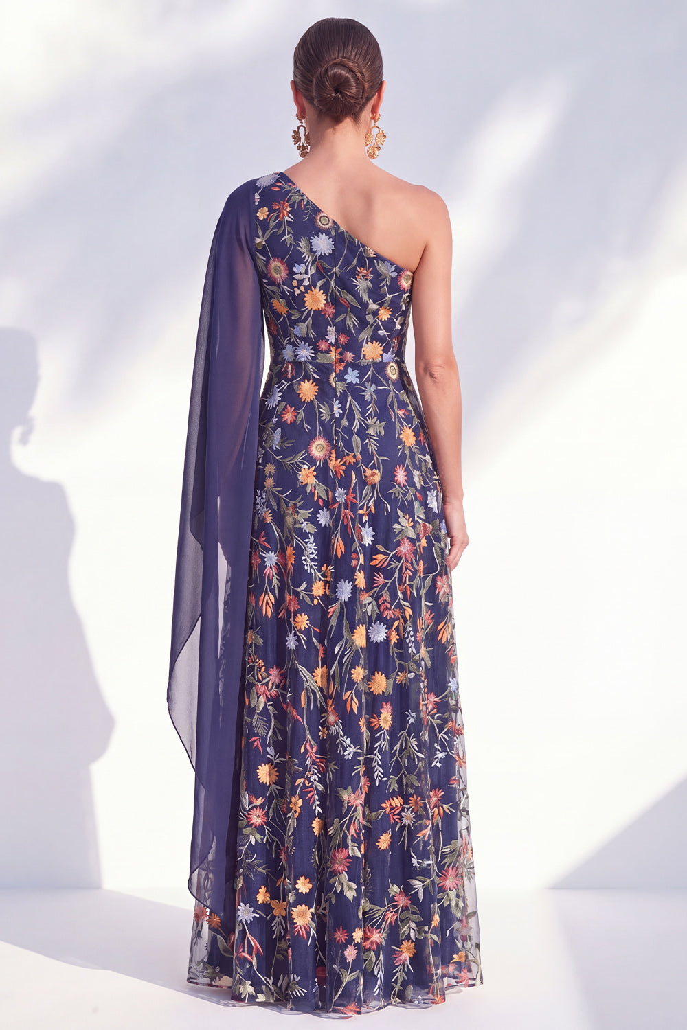 One Shoulder Blue Floral A Line Maxi Mother of the Bride Dress
