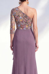 Mermaid Grey Purple One Shoulder Floral Ruffled Mother of the Bride Dress
