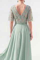 Green Half Sleeve A Line Maxi Mother of the Bride Dress