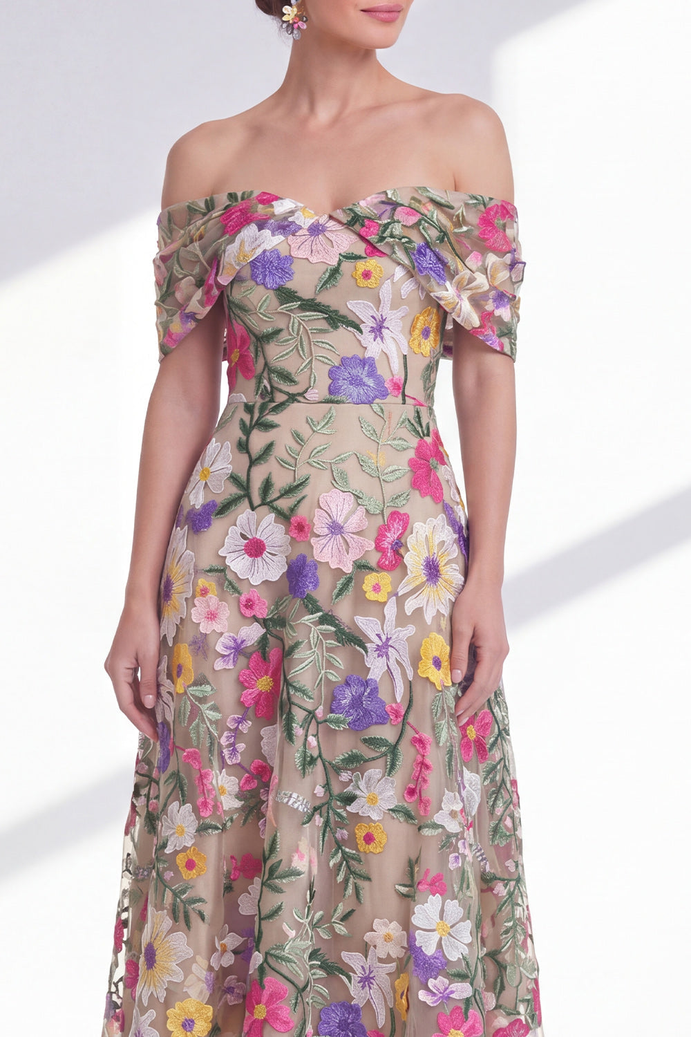 Off the Shoulder High Low Floral A Line Light Khaki Mother of the Bride Dress