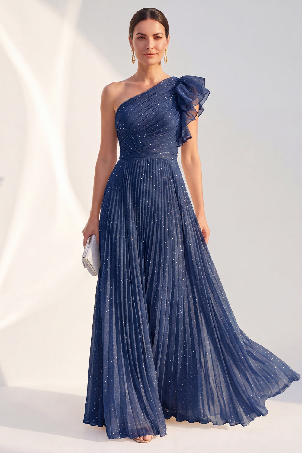 Sparkly One Shoulder Navy A Line Pleated Mother of the Bride Dress