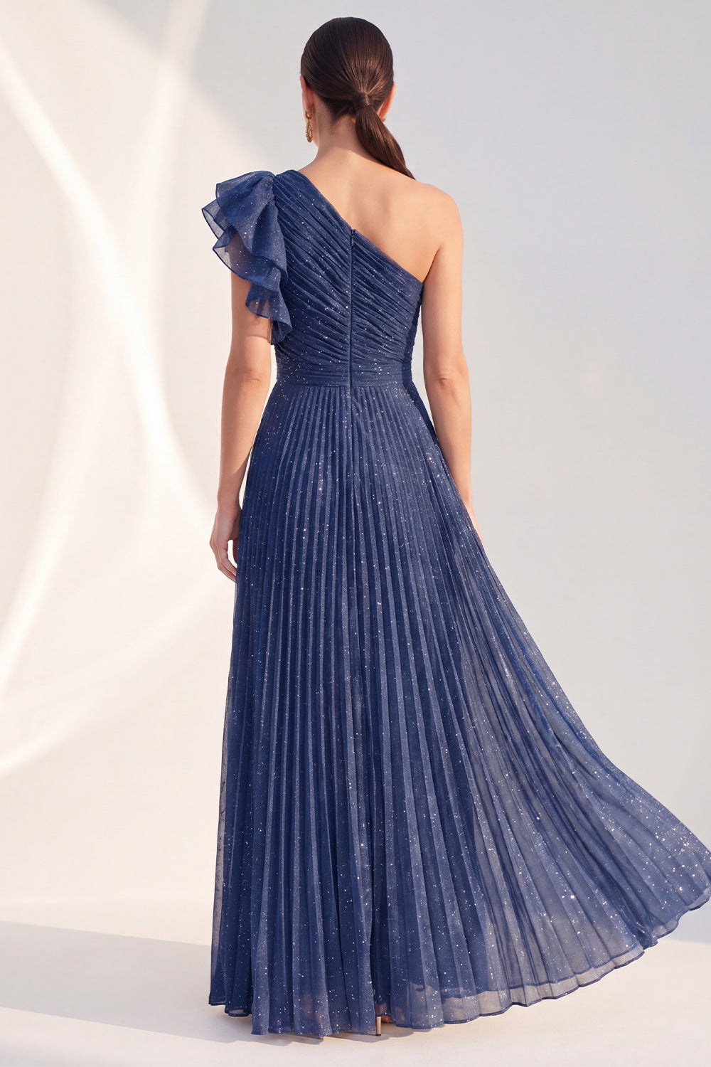 Sparkly One Shoulder Navy A Line Pleated Mother of the Bride Dress