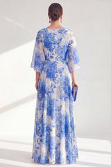 Blue Printed A Line Maxi Mother of the Bride Dress with 3/4 Sleeves