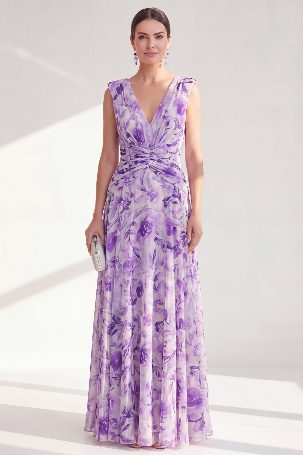Printed Purple Ruched A Line Maxi Mother of the Bride Dress