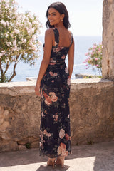 Square Neck Black Floral Wedding Guest Dress