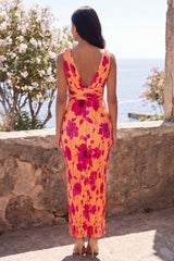 Orange V-Neck Floral Pleated Wedding Guest Dress