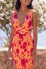Orange V-Neck Floral Pleated Wedding Guest Dress