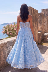 Strapless Floral Lace Blue A Line Wedding Guest Dress