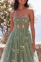 Strapless Dusty Sage A Line Embroidered Floral Midi Dress