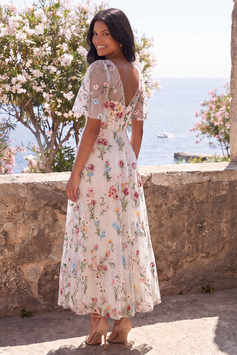 Floral V-Neck Embroidered Ivory A Line Midi Dress