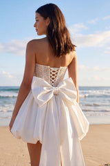 Strapless Corset Beaded A Line Mini White Dress with Rhinestones