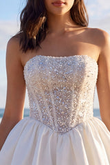 Strapless Corset Beaded A Line Mini White Dress with Rhinestones
