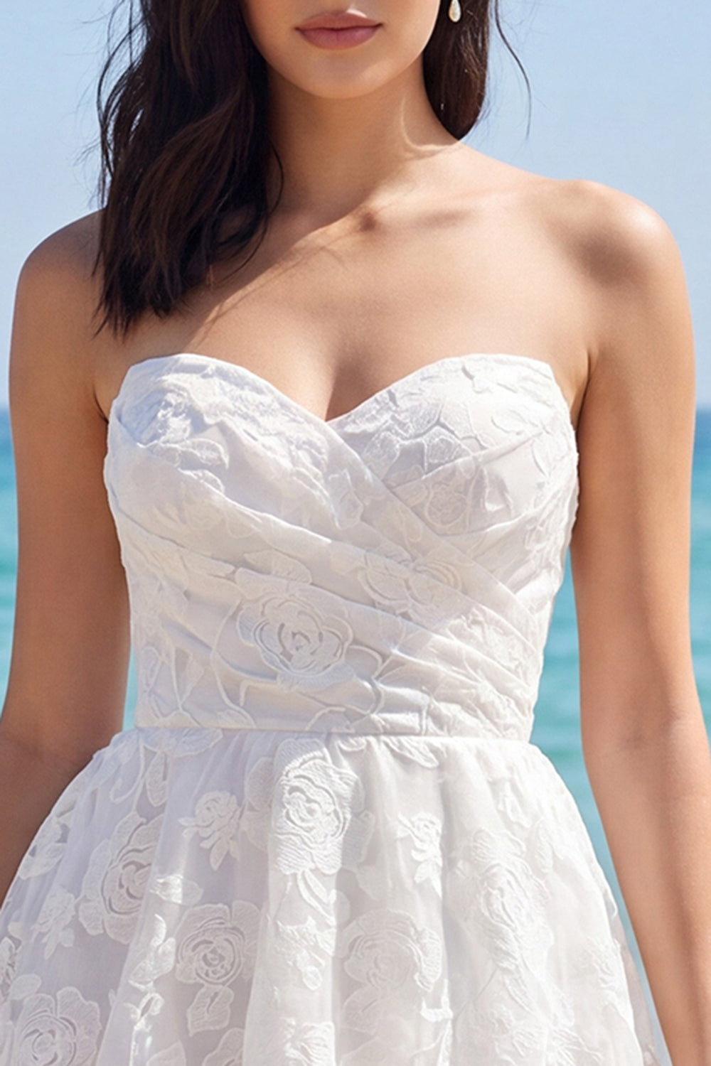 Strapless Ruched Tiered A Line Floral Mini White Dress