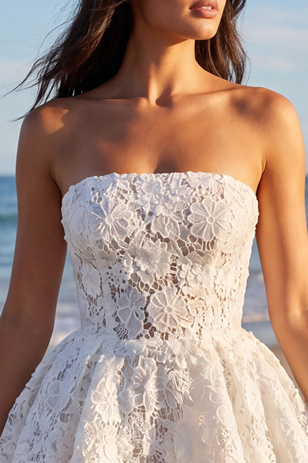 Strapless Lace Floral Corset A Line Mini White Dress