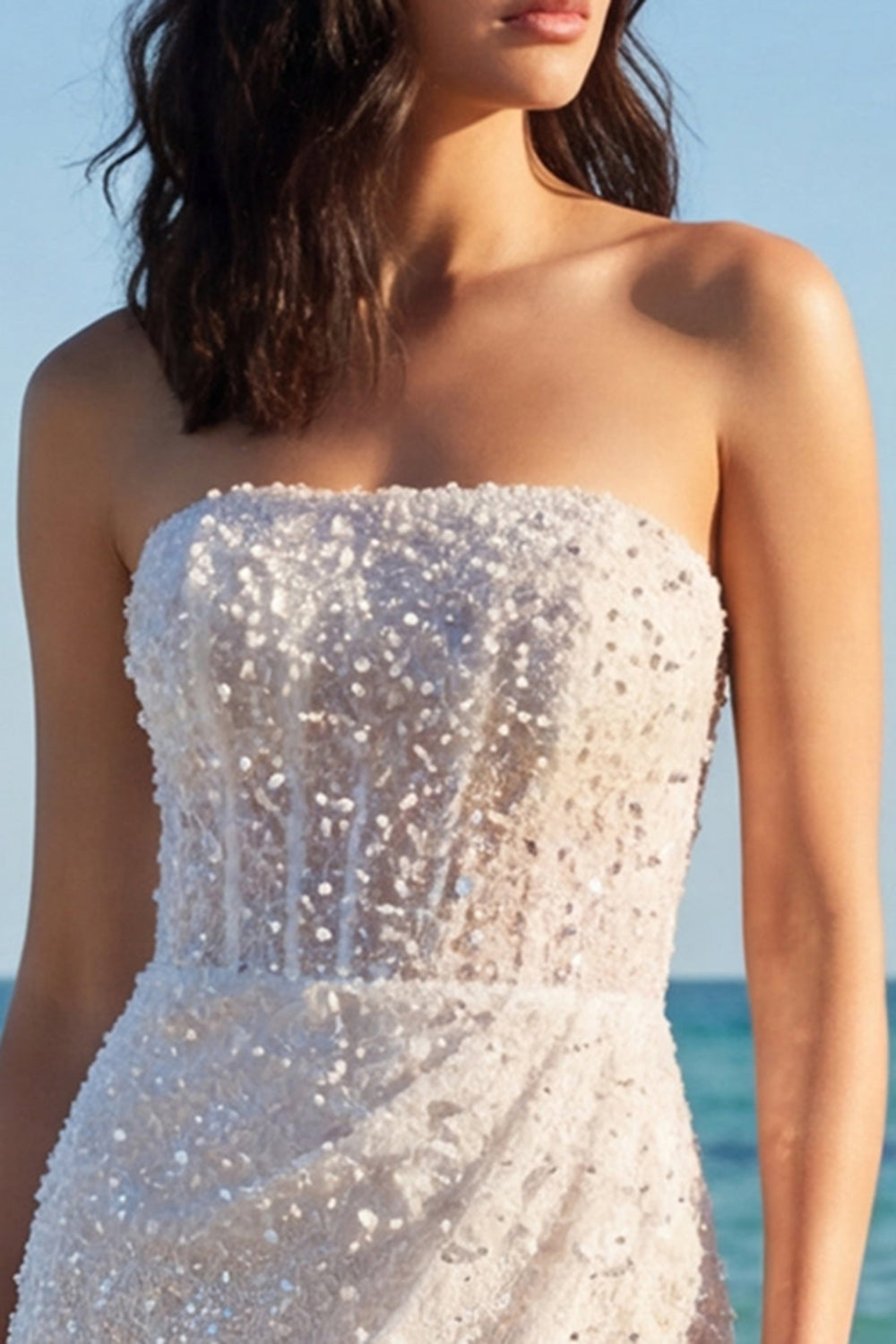 Sparkly Strapless Corset Ruched Bodycon White Dress
